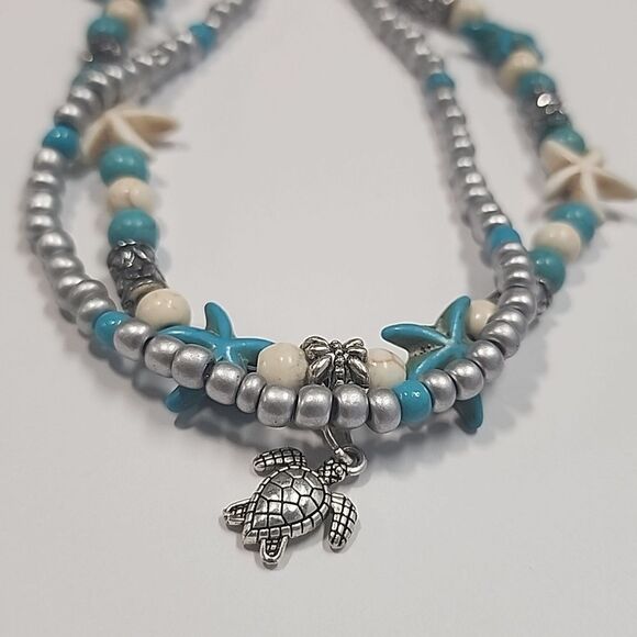 Sea Turtle Starfish beaded Anklet , Turquoise Color Beaded Starfish - Picture 2 of 5